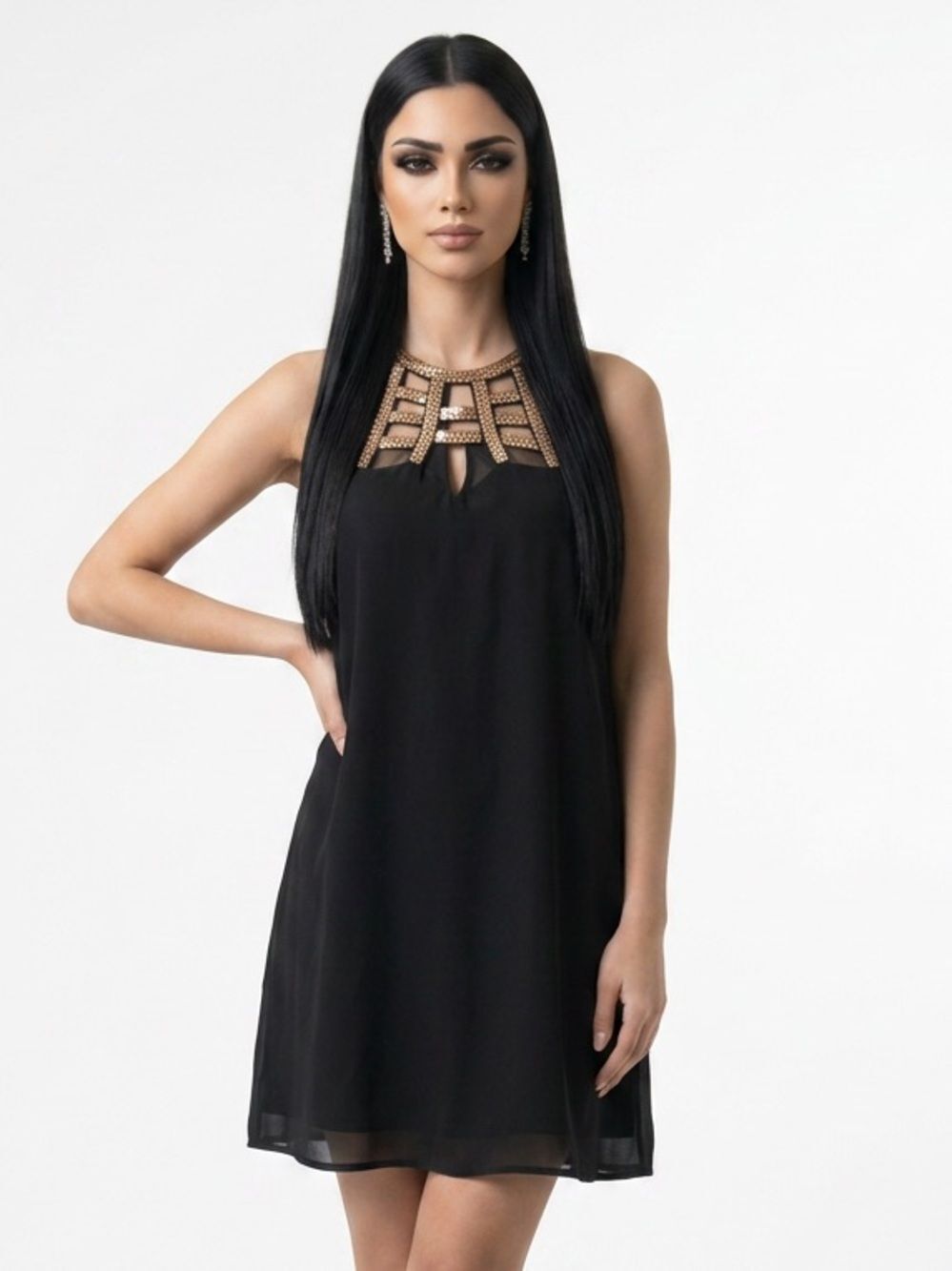 CHERRY PINK | Black Swing Dress Gold Chain Caged Neckline Women’s Size Large